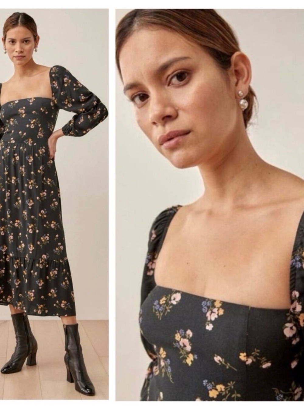 Reformation Black Floral Square-Neck Midi Dress Puff Sleeves Mika in Marisol